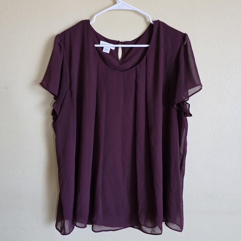 Jaclyn Smith Short Flutter Sleeve Pleated Front Semi-Sheer Plum Blouse